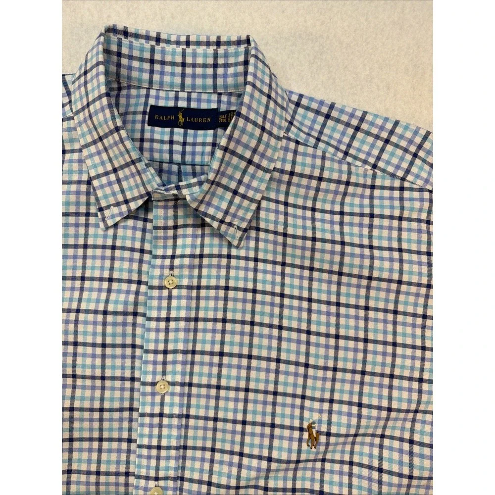 Polo Ralph Lauren Shirt Mens 2XLT Short Sleeve Oxford Blue Plaid Golf Business